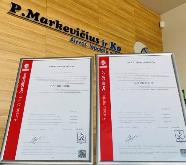 ISO 9001 ir 14001 P.Markevičius ir Ko Sertifikatai